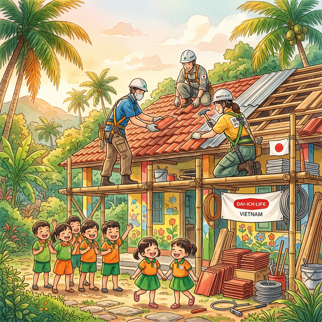 幼稚園の屋根を補修するボランティア