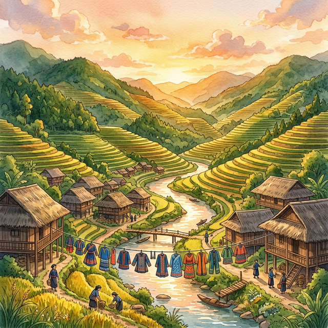 トゥエンクアン省の棚田と少数民族の村の風景